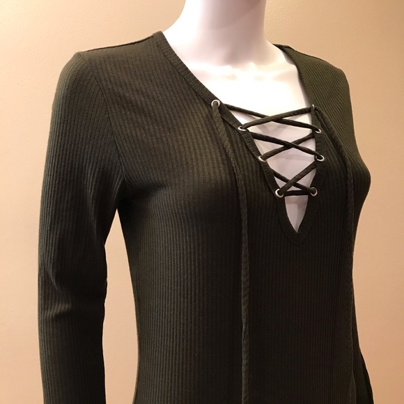 Forever 21 Olive Green Ribbed Mini Dress Lace Up Size Large - Picture 4 of 14